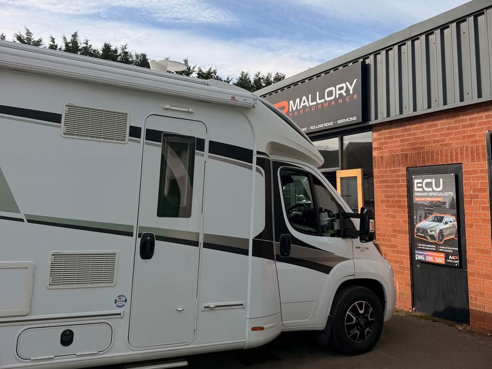 Motorhome outside the Mallory Performance workshop at Mallory Park